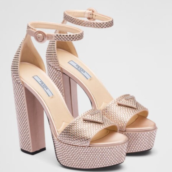 Prada Pink Embellished Platform Heels Logo Satin Crystal Sandals Open Toe - Picture 1 of 10